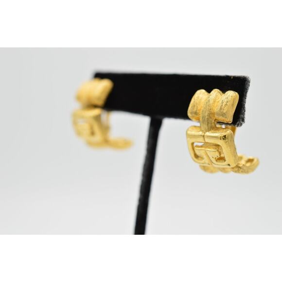 Givenchy Vintage Logo Clip On Earrings GG Brushed Gold Hoop 80s Signed AS IS 9D - Picture 2 of 10